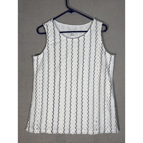 Susan Graver Tank Top Women’s Size M White Black Textured Crochet Eyelets Preppy - Picture 1 of 13